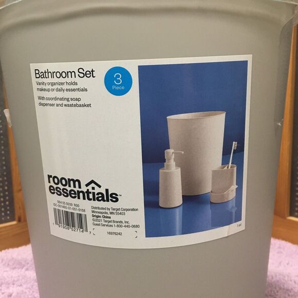 3 Pc Bathroom Set Gray Soap Dispenser Toothbrush Holder Trash Can Dorm room - Picture 2 of 6